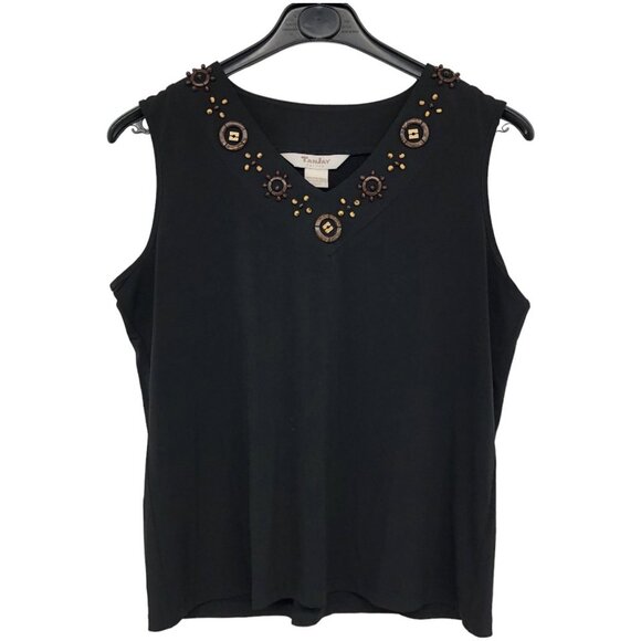 Tanjay Black Sleeveless V-neck beaded neckline tank top size S petite - Picture 12 of 12